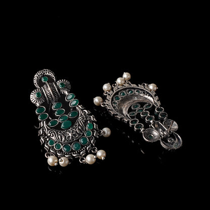 Green Stone Studded German Silver Stud Earrings With Hanging Pearls