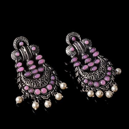 Baby Pink Stone Studded German Silver Stud Earrings With Hanging Pearls