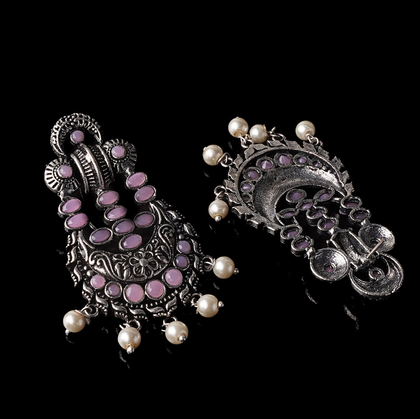 Baby Pink Stone Studded German Silver Stud Earrings With Hanging Pearls