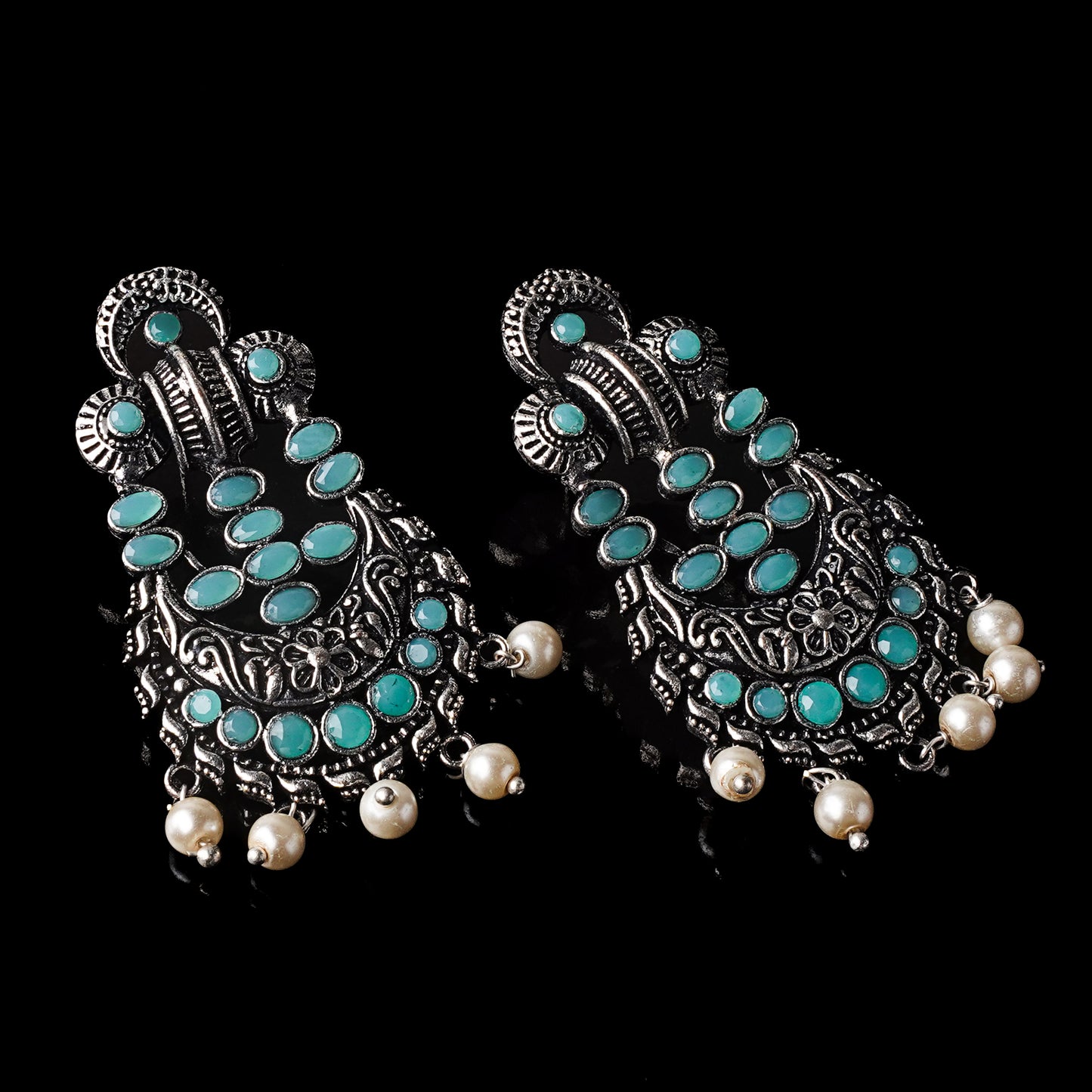 Mint Stone Studded German Silver Stud Earrings With Hanging Pearls
