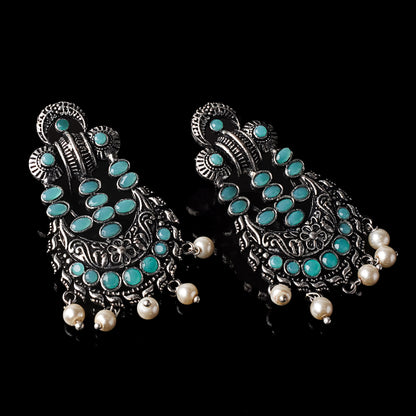 Mint Stone Studded German Silver Stud Earrings With Hanging Pearls