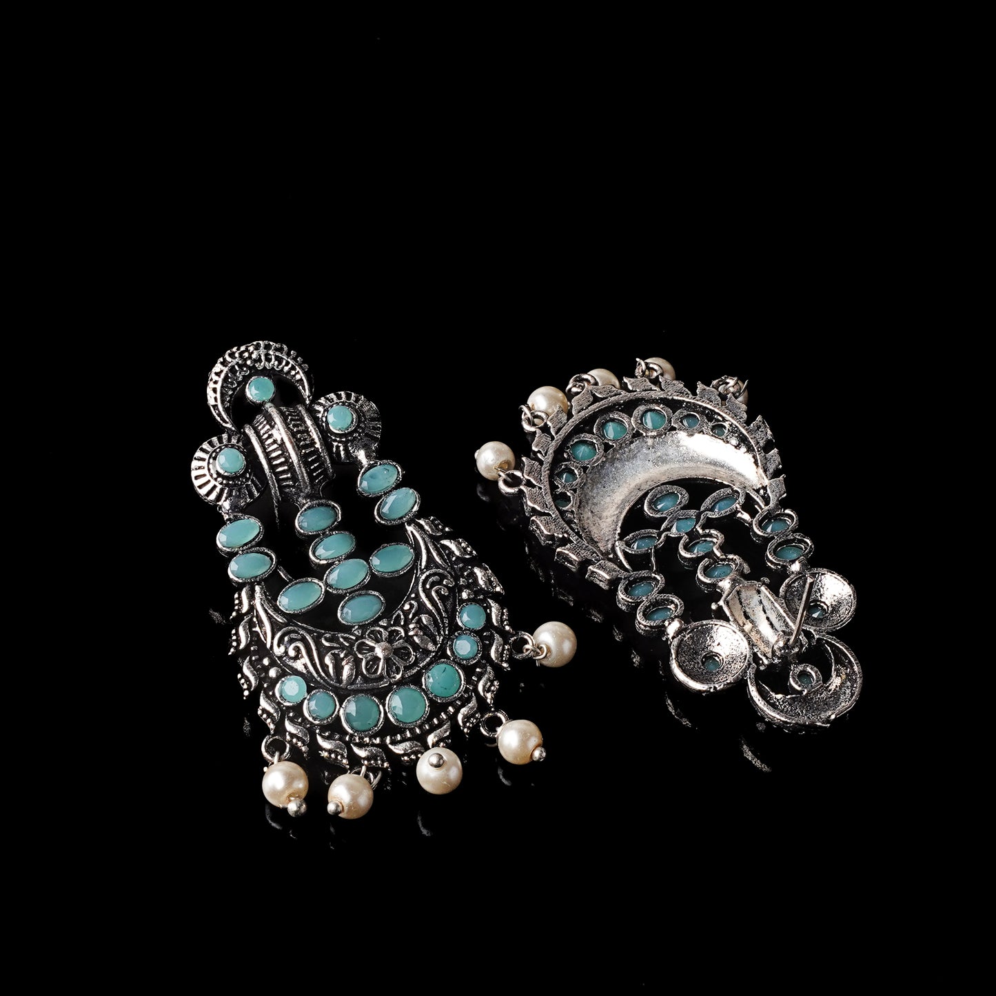 Mint Stone Studded German Silver Stud Earrings With Hanging Pearls