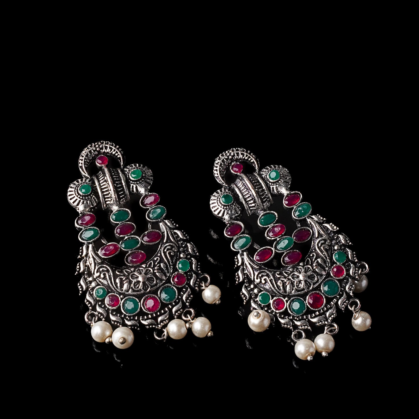 Multicolored Stone Studded German Silver Stud Earrings With Hanging Pearls