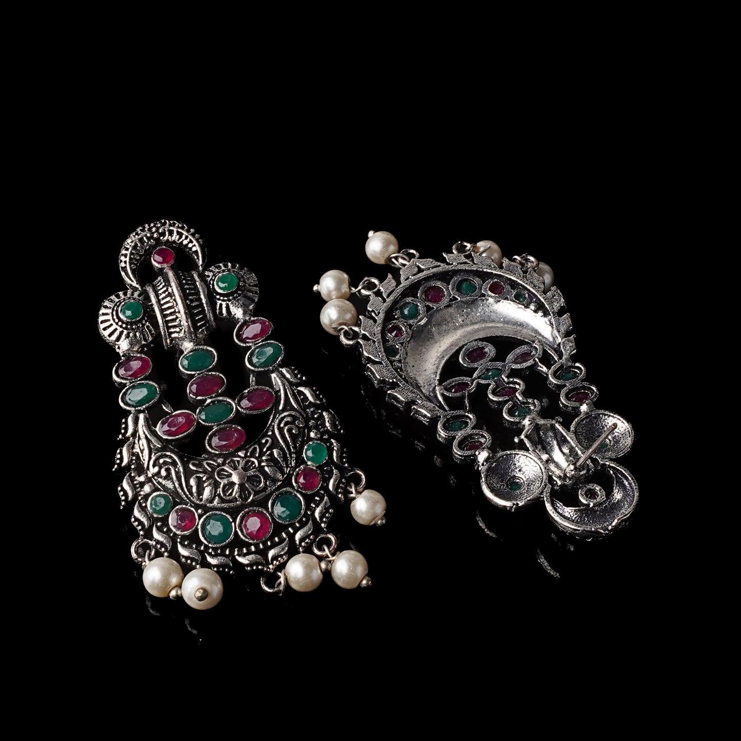 Multicolored Stone Studded German Silver Stud Earrings With Hanging Pearls