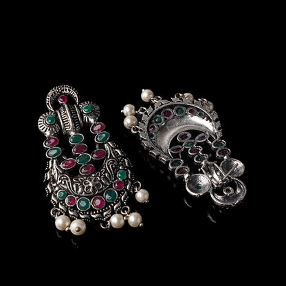 Multicolored Stone Studded German Silver Stud Earrings With Hanging Pearls