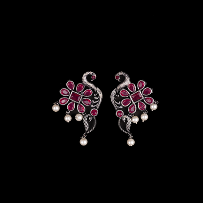 Red Stone Studded Peacock Motif Stud Earrings With Hanging Pearls