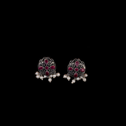 Red Stone Studded Oxidised Earrings With Hanging Pearls