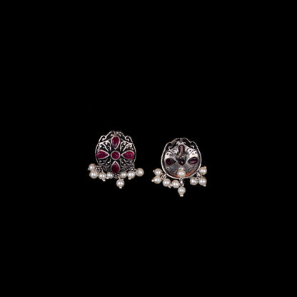 Red Stone Studded Oxidised Earrings With Hanging Pearls
