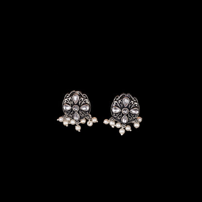 White Stone Studded Oxidised Earrings With Hanging Pearls