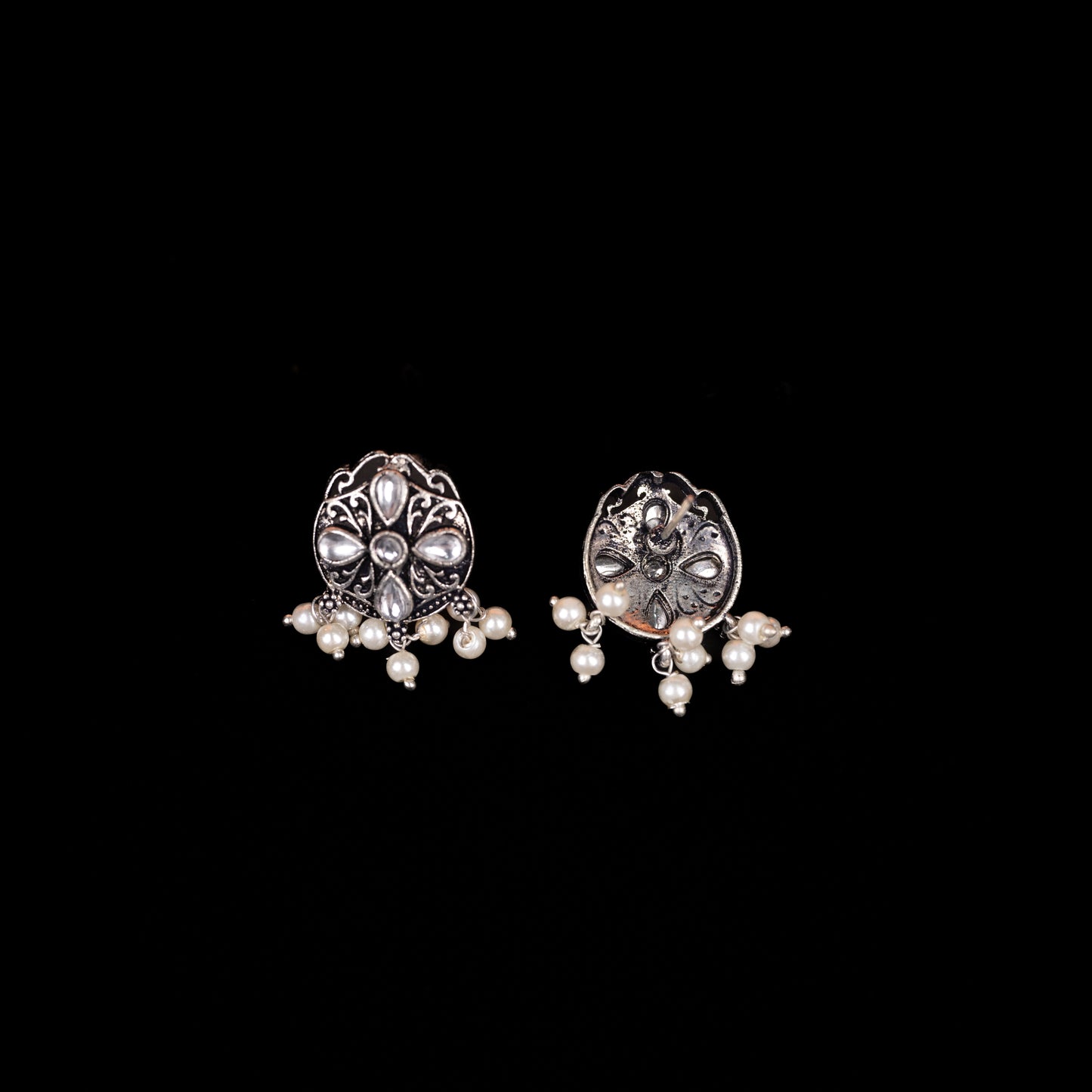 White Stone Studded Oxidised Earrings With Hanging Pearls
