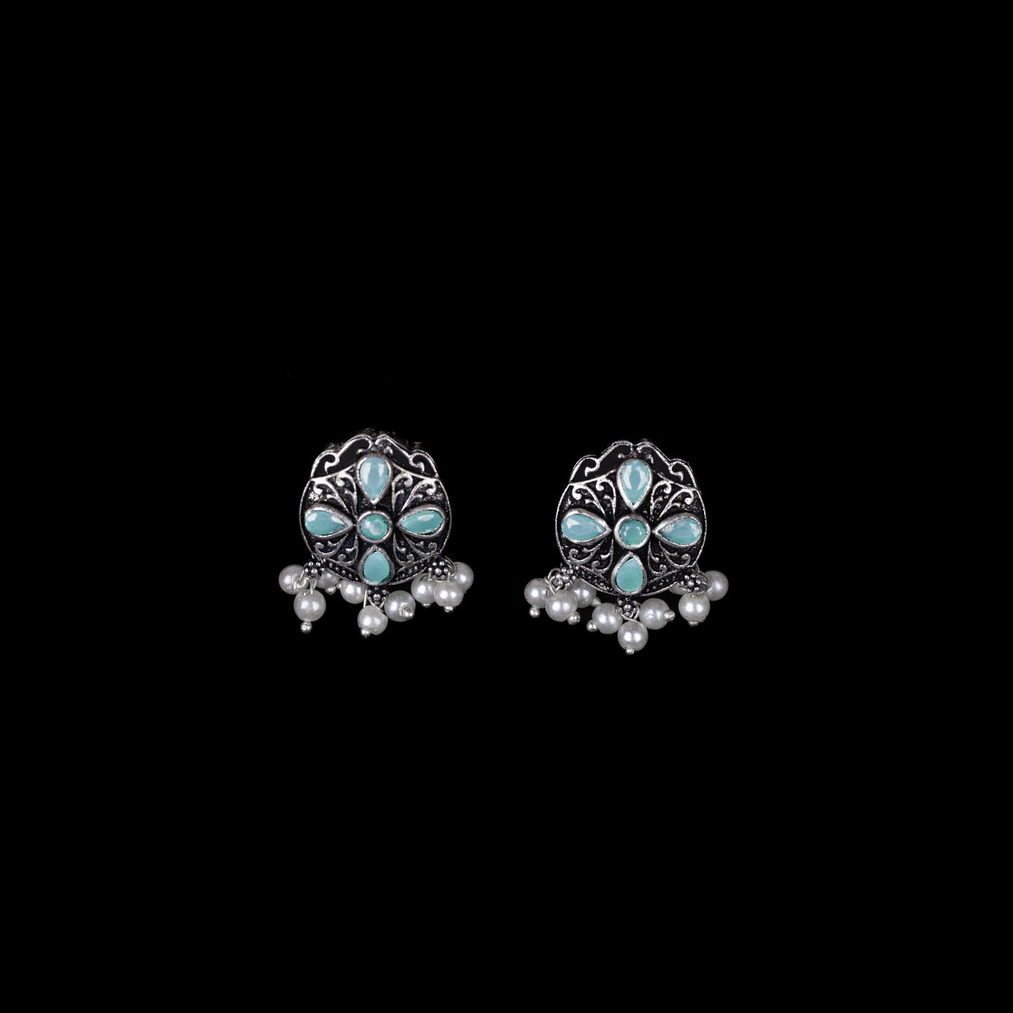 Mint Stone Studded Oxidised Earrings With Hanging Pearls