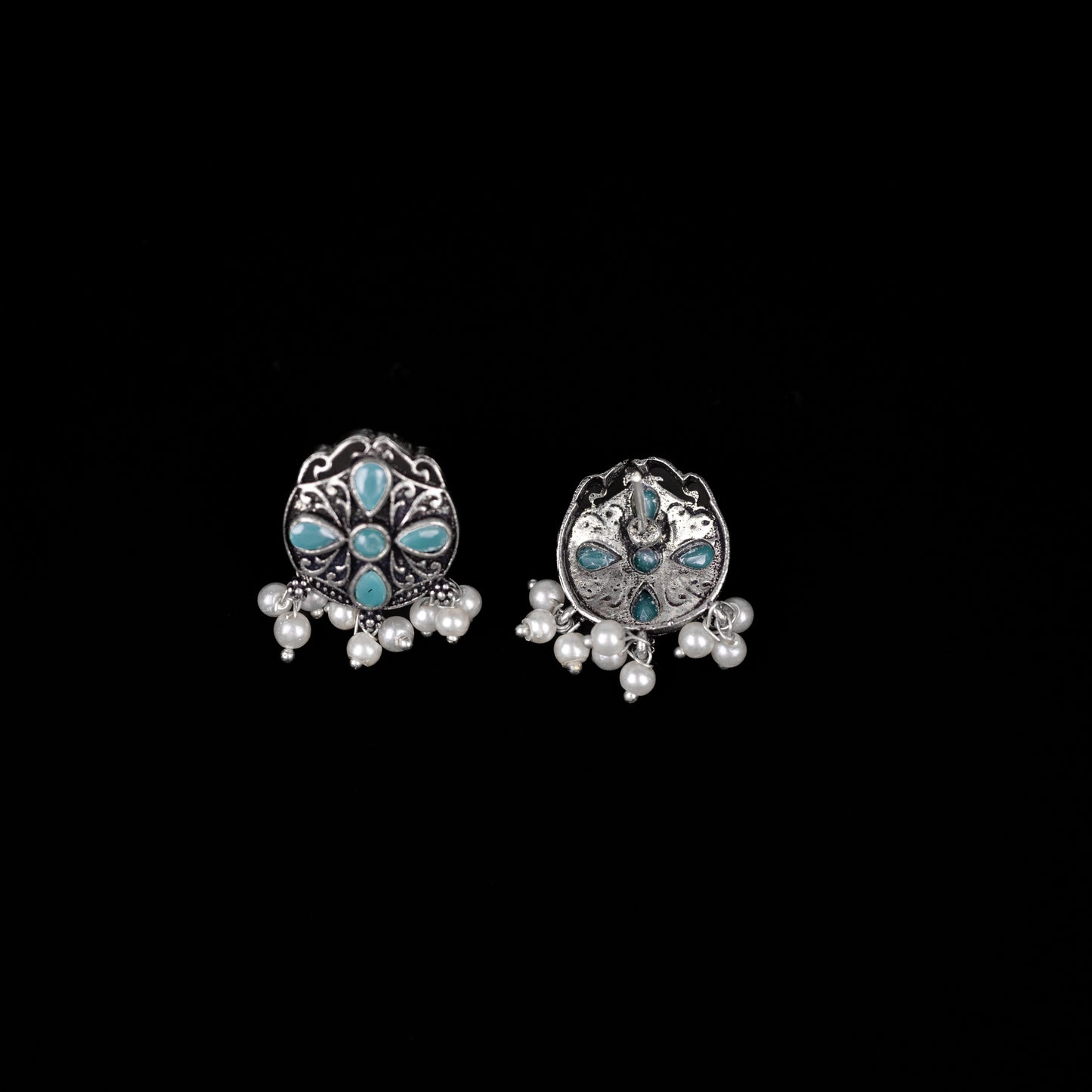 Mint Stone Studded Oxidised Earrings With Hanging Pearls