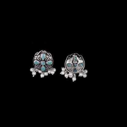 Mint Stone Studded Oxidised Earrings With Hanging Pearls