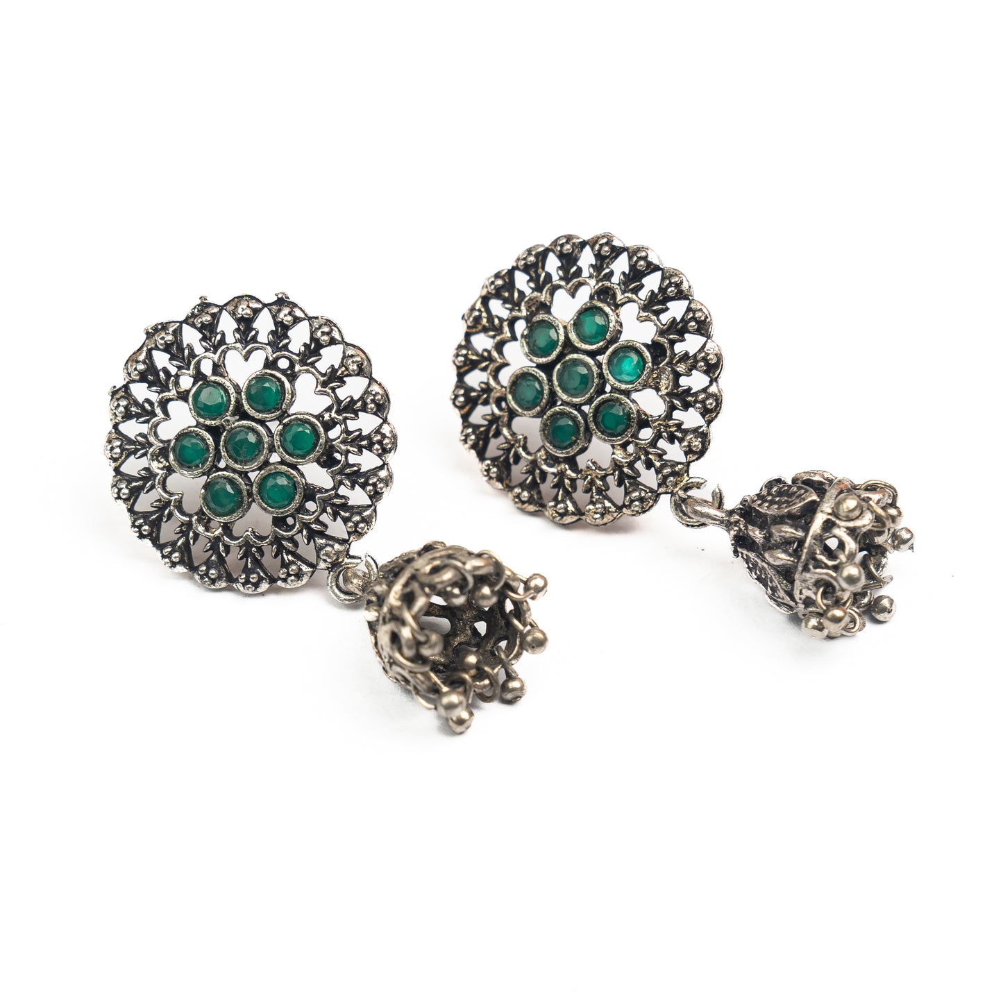 Green Stone Studded Oxidised Earrings With Hanging Jhumki