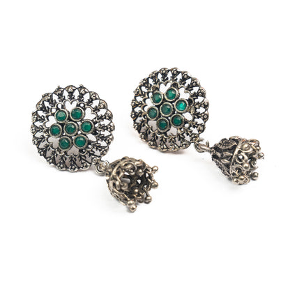 Green Stone Studded Oxidised Earrings With Hanging Jhumki