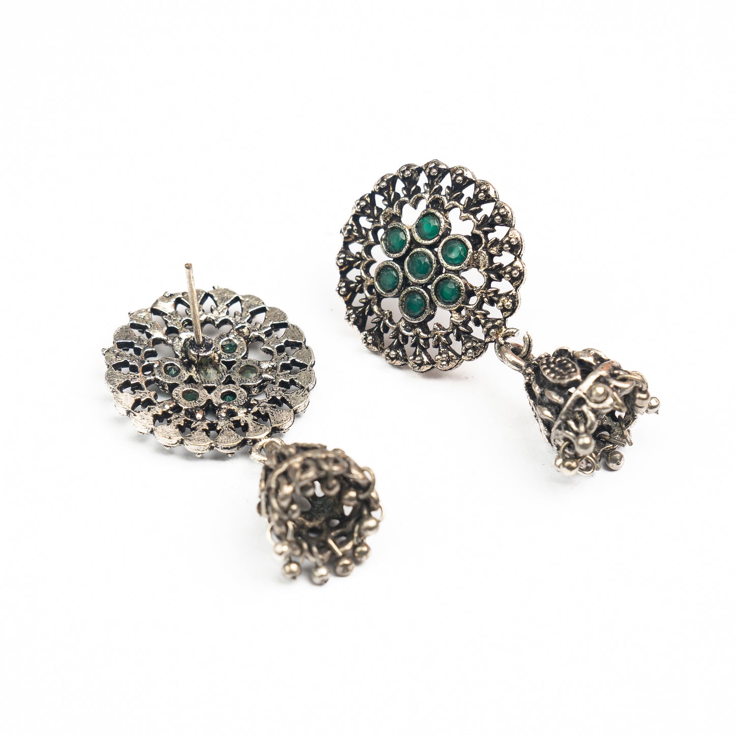 Green Stone Studded Oxidised Earrings With Hanging Jhumki
