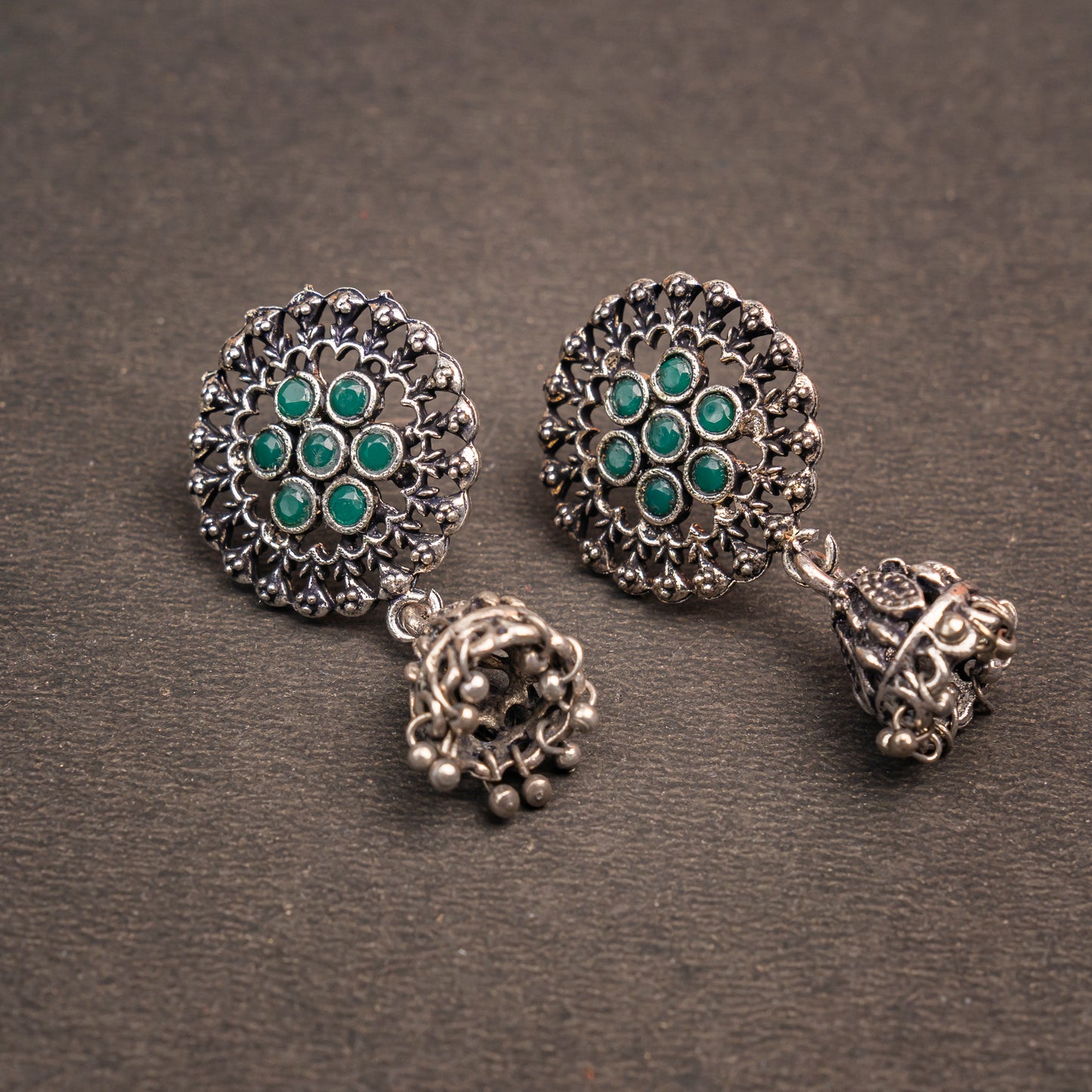 Green Stone Studded Oxidised Earrings With Hanging Jhumki