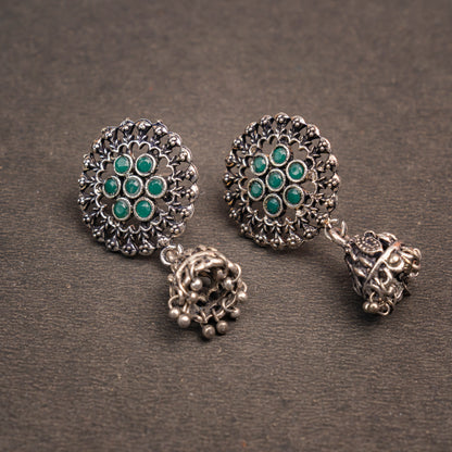 Green Stone Studded Oxidised Earrings With Hanging Jhumki