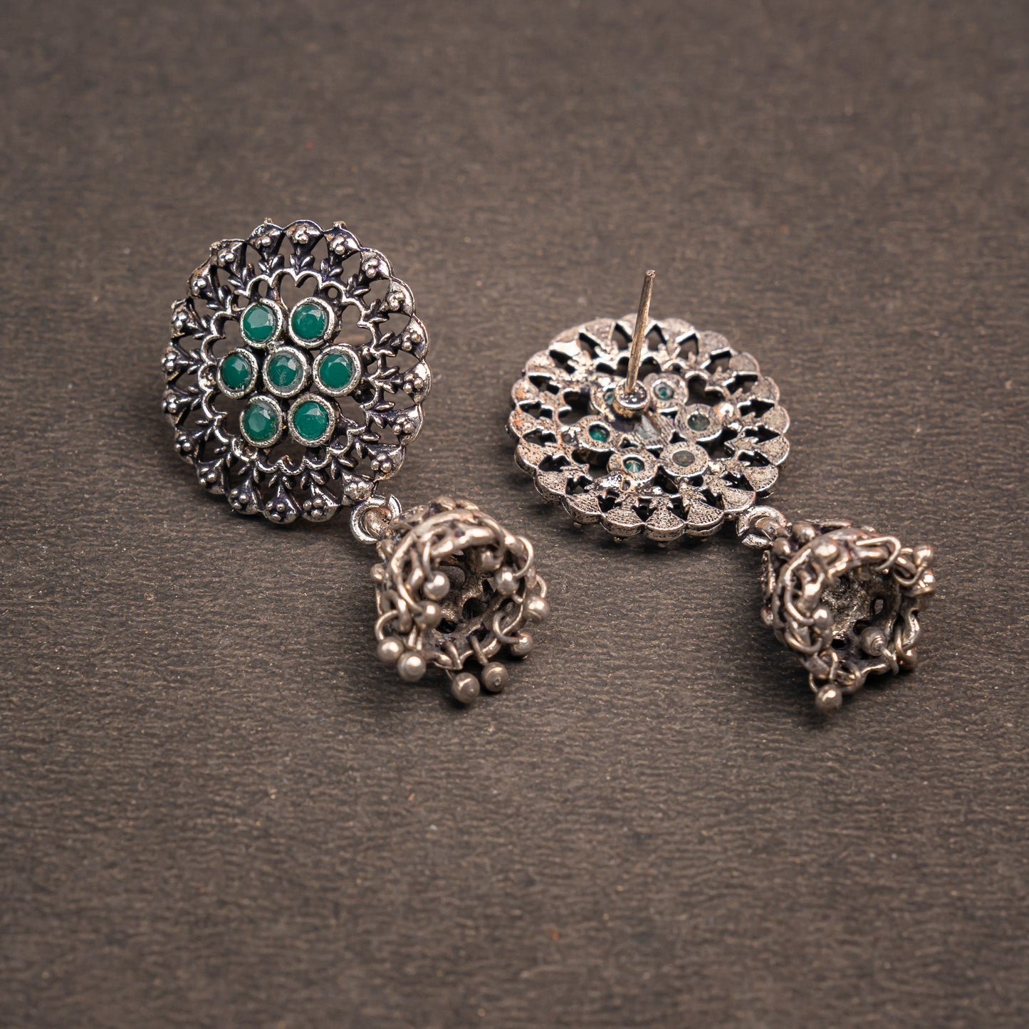 Green Stone Studded Oxidised Earrings With Hanging Jhumki