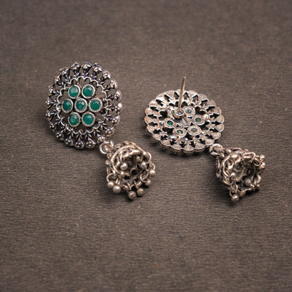 Green Stone Studded Oxidised Earrings With Hanging Jhumki
