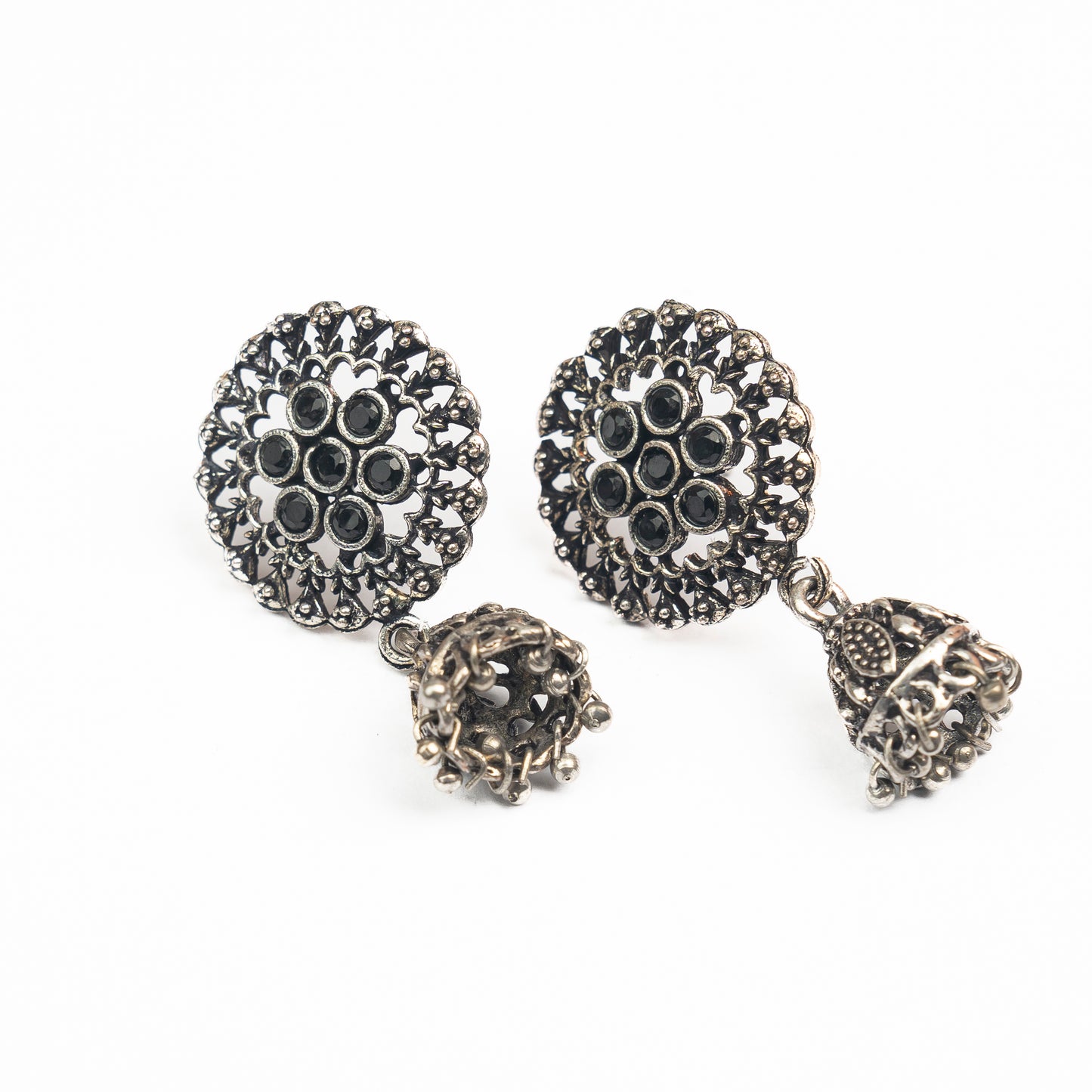 Black Stone Studded Oxidised Earrings With Hanging Jhumki