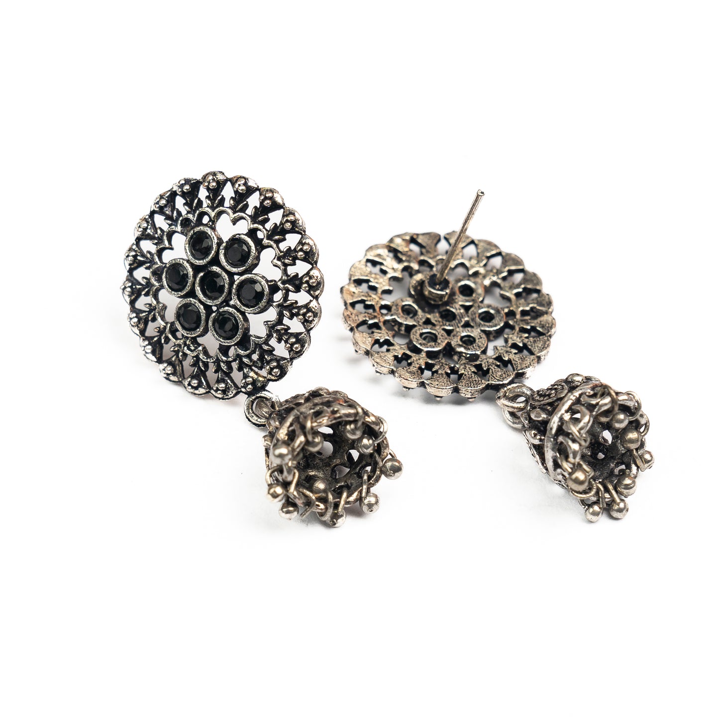 Black Stone Studded Oxidised Earrings With Hanging Jhumki