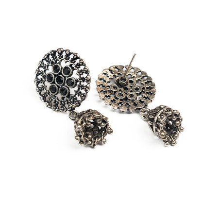 Black Stone Studded Oxidised Earrings With Hanging Jhumki