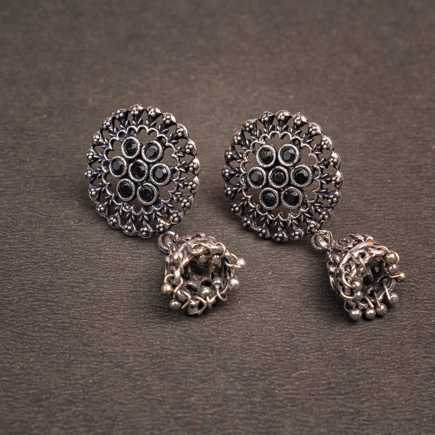 Black Stone Studded Oxidised Earrings With Hanging Jhumki