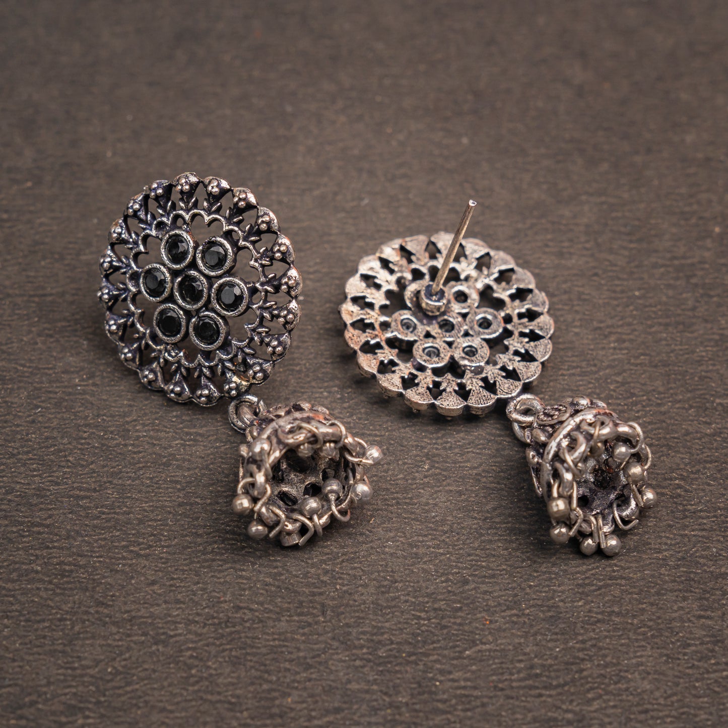 Black Stone Studded Oxidised Earrings With Hanging Jhumki