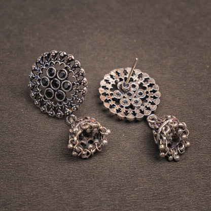 Black Stone Studded Oxidised Earrings With Hanging Jhumki
