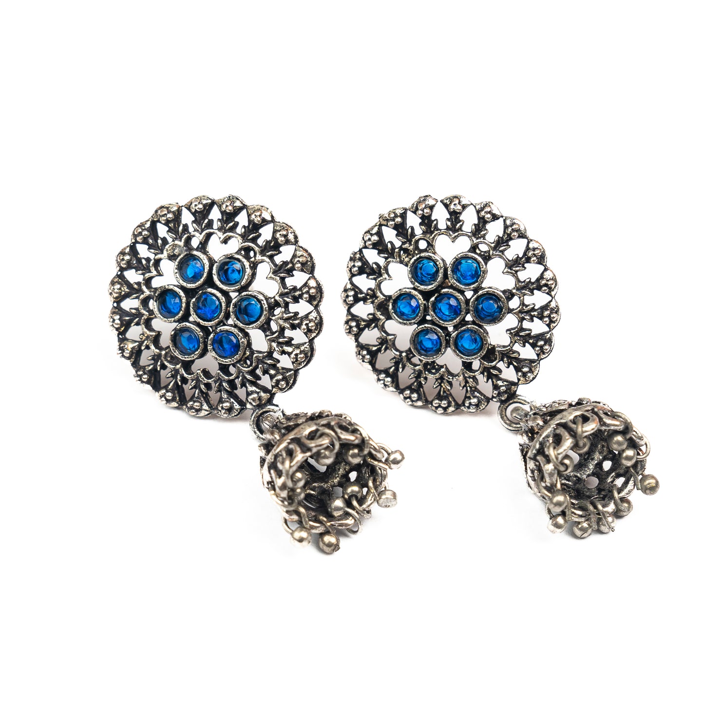 Blue Stone Studded Oxidised Earrings With Hanging Jhumki
