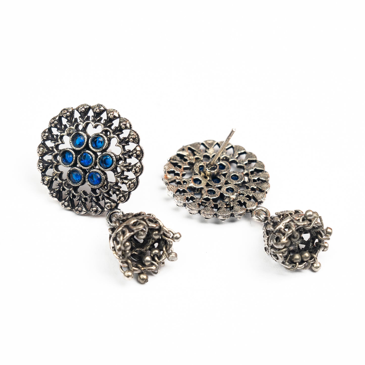 Blue Stone Studded Oxidised Earrings With Hanging Jhumki