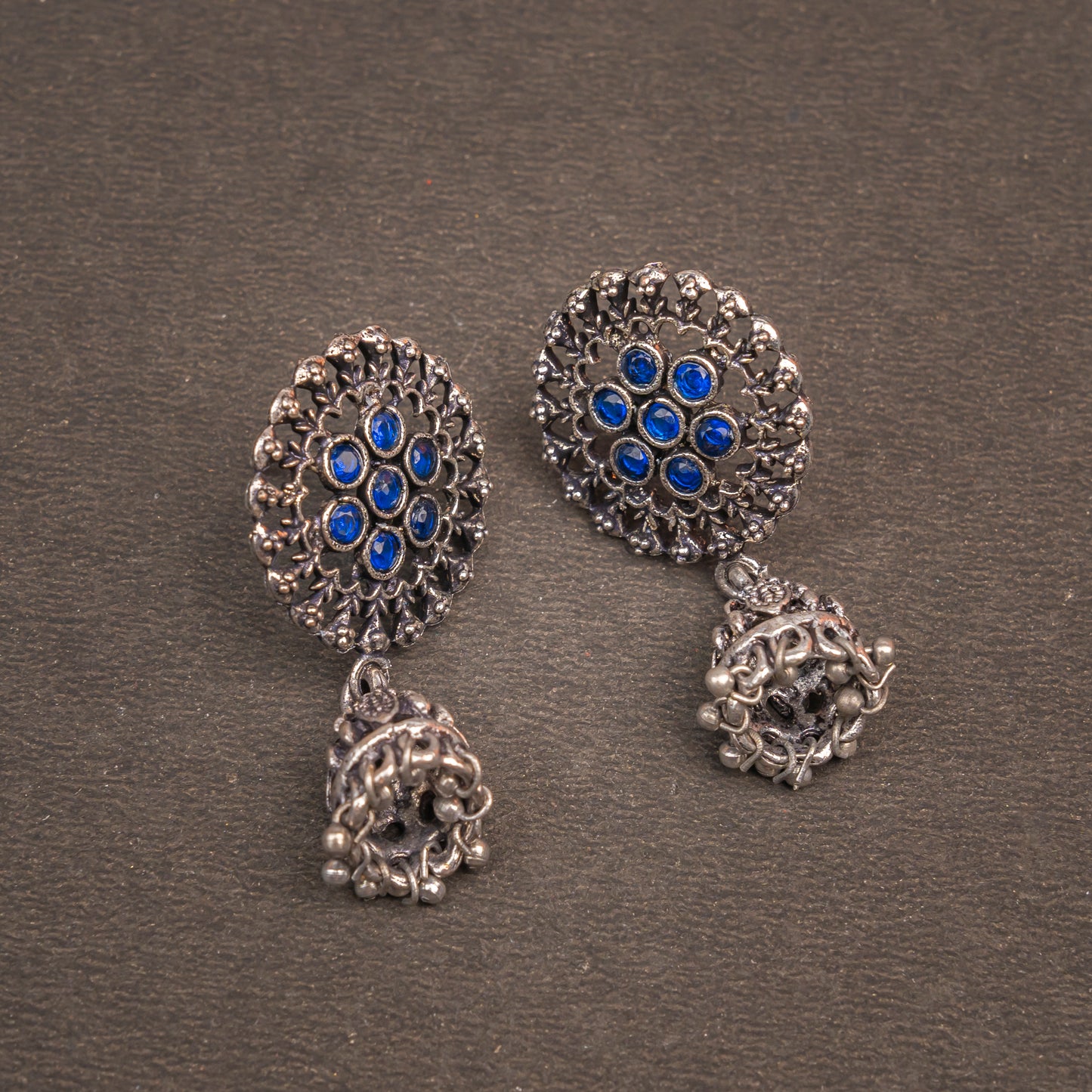 Blue Stone Studded Oxidised Earrings With Hanging Jhumki