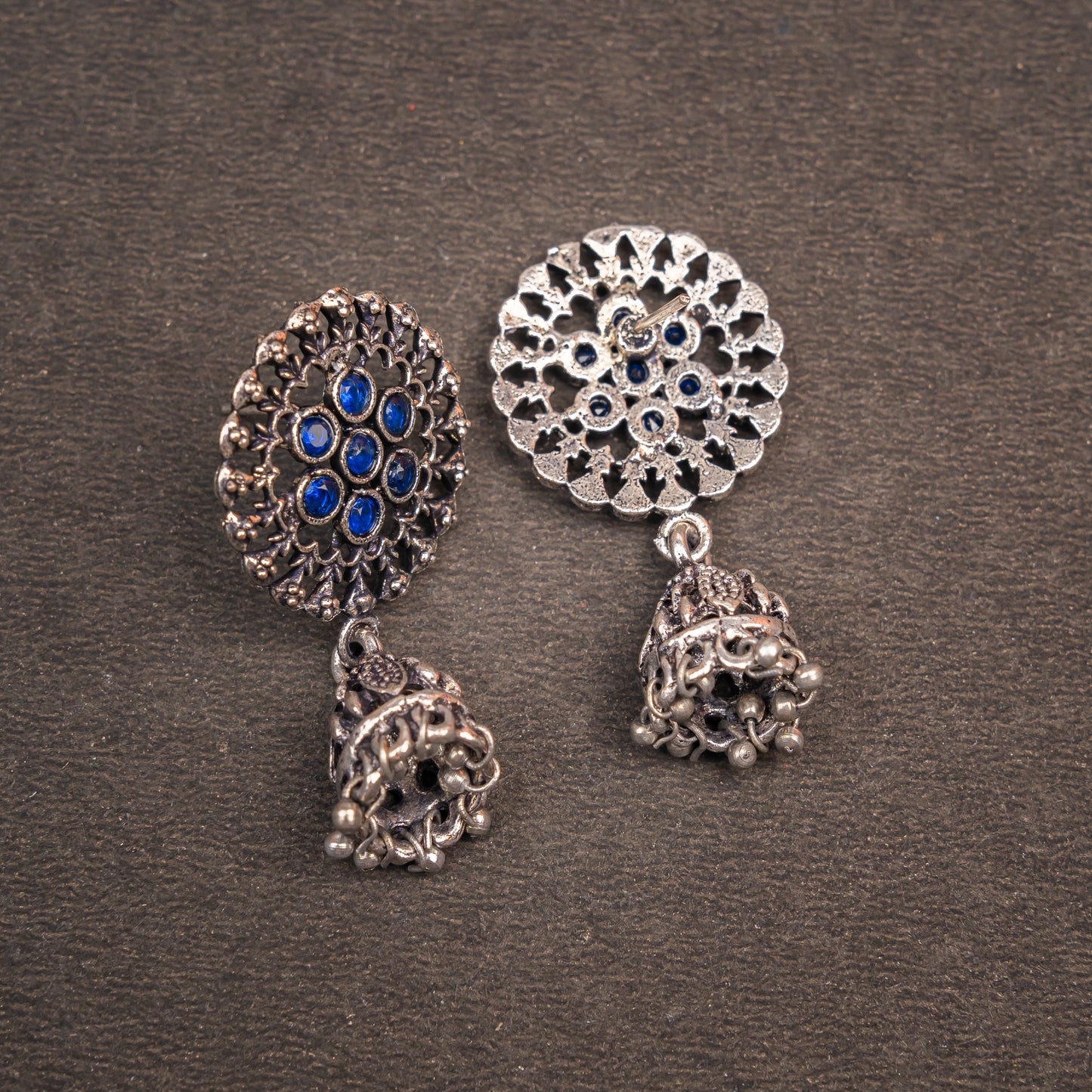 Blue Stone Studded Oxidised Earrings With Hanging Jhumki
