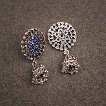 Blue Stone Studded Oxidised Earrings With Hanging Jhumki