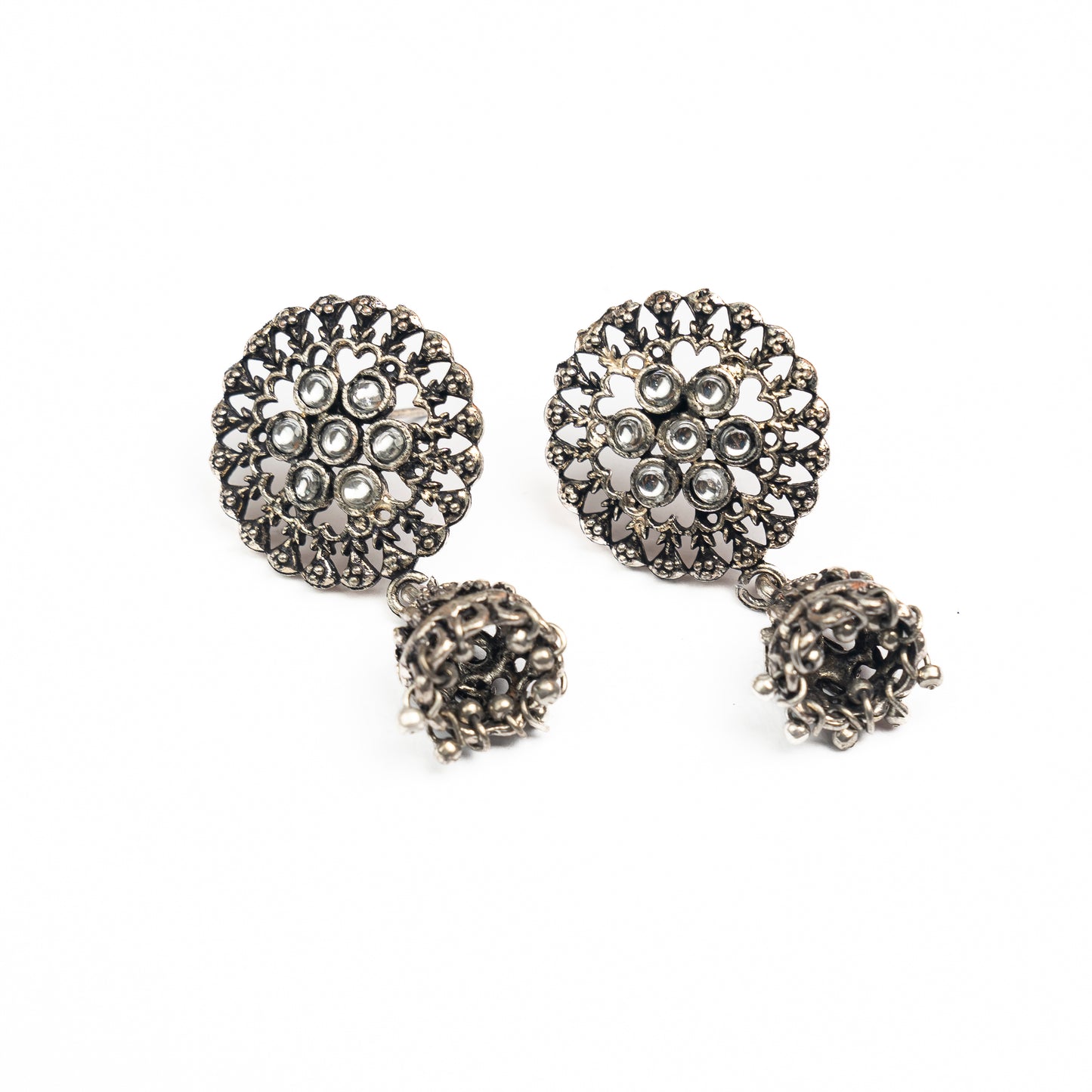 White Stone Studded Oxidised Earrings With Hanging Jhumki