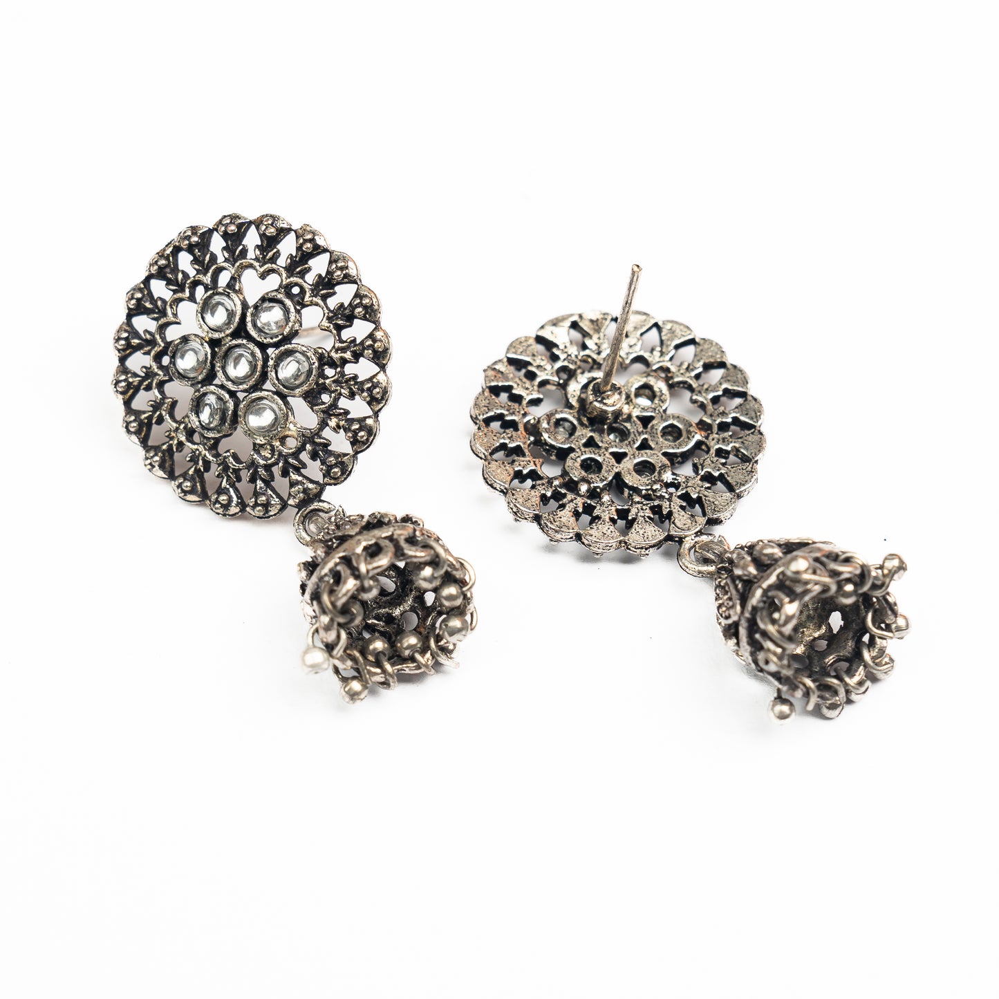 White Stone Studded Oxidised Earrings With Hanging Jhumki