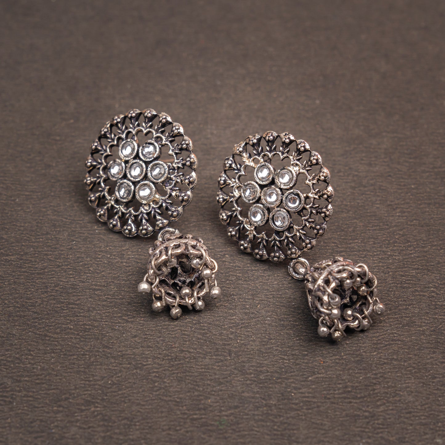 White Stone Studded Oxidised Earrings With Hanging Jhumki