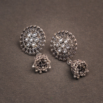 White Stone Studded Oxidised Earrings With Hanging Jhumki