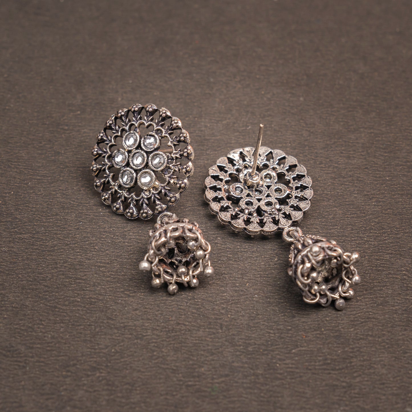 White Stone Studded Oxidised Earrings With Hanging Jhumki