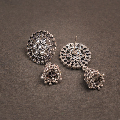 White Stone Studded Oxidised Earrings With Hanging Jhumki