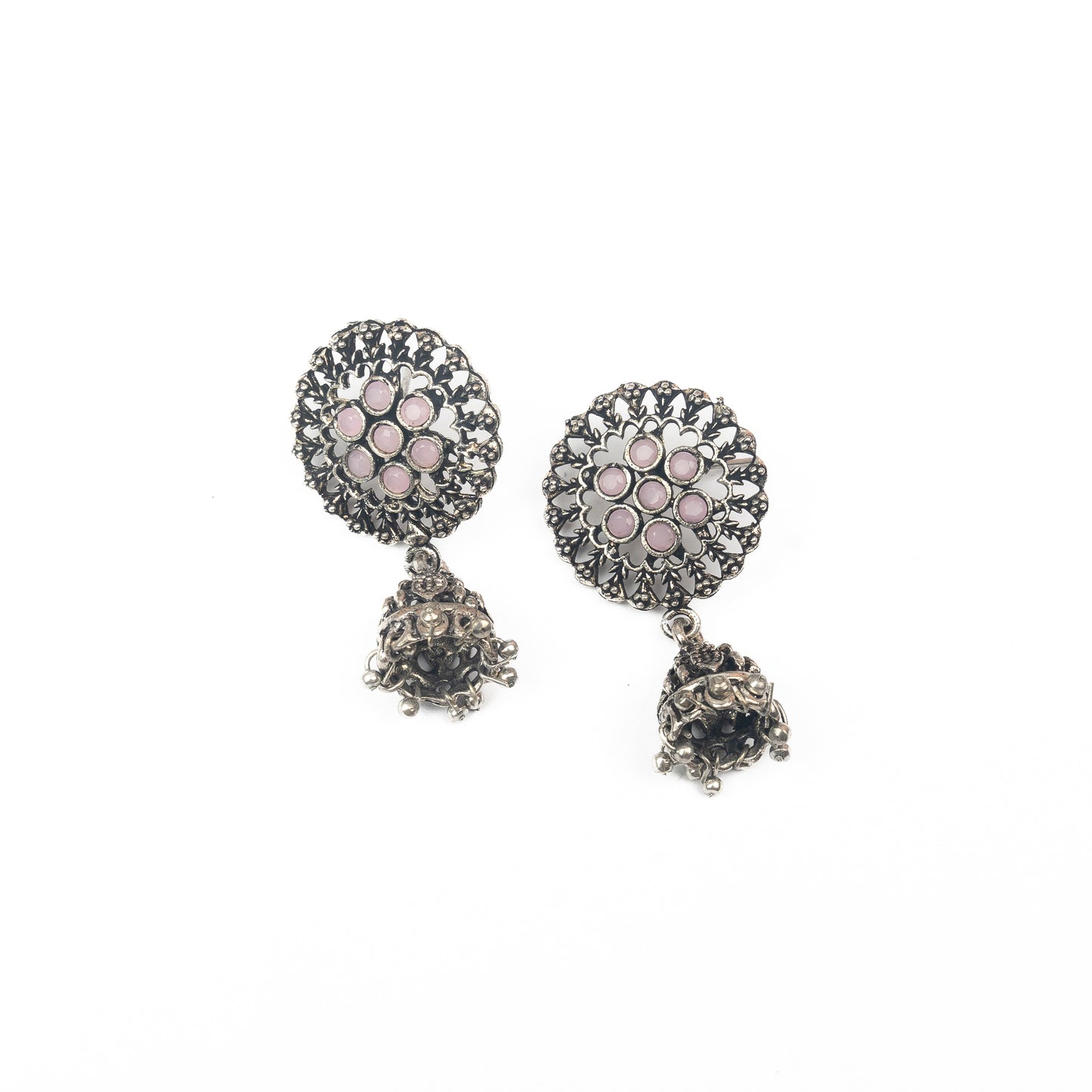 Baby Pink Stone Studded Oxidised Earrings With Hanging Jhumki