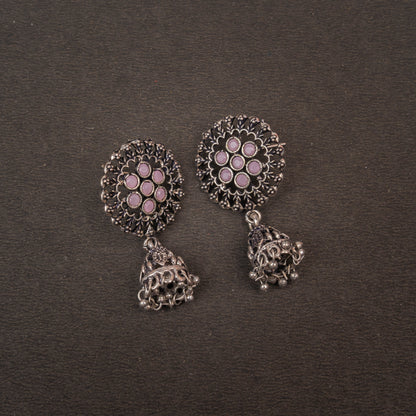 Baby Pink Stone Studded Oxidised Earrings With Hanging Jhumki
