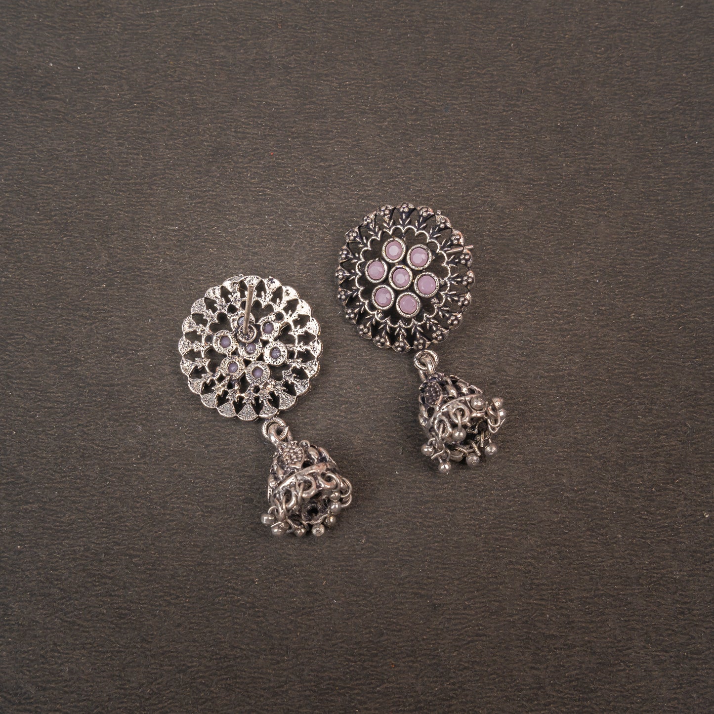 Baby Pink Stone Studded Oxidised Earrings With Hanging Jhumki