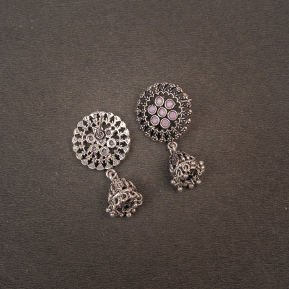 Baby Pink Stone Studded Oxidised Earrings With Hanging Jhumki