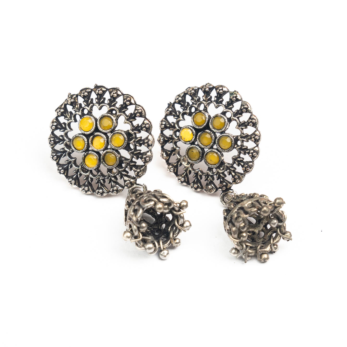 Yellow Stone Studded Oxidised Earrings With Hanging Jhumki