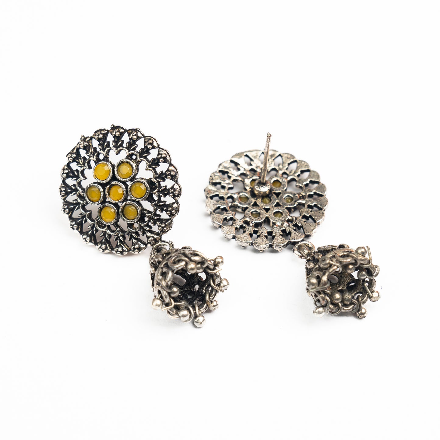 Yellow Stone Studded Oxidised Earrings With Hanging Jhumki