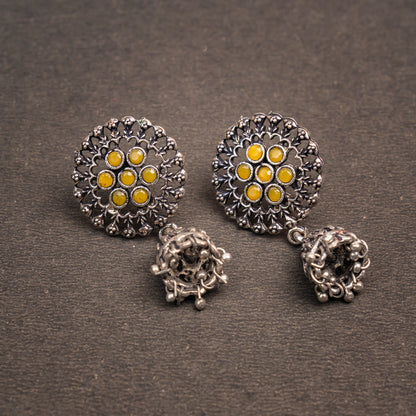 Yellow Stone Studded Oxidised Earrings With Hanging Jhumki