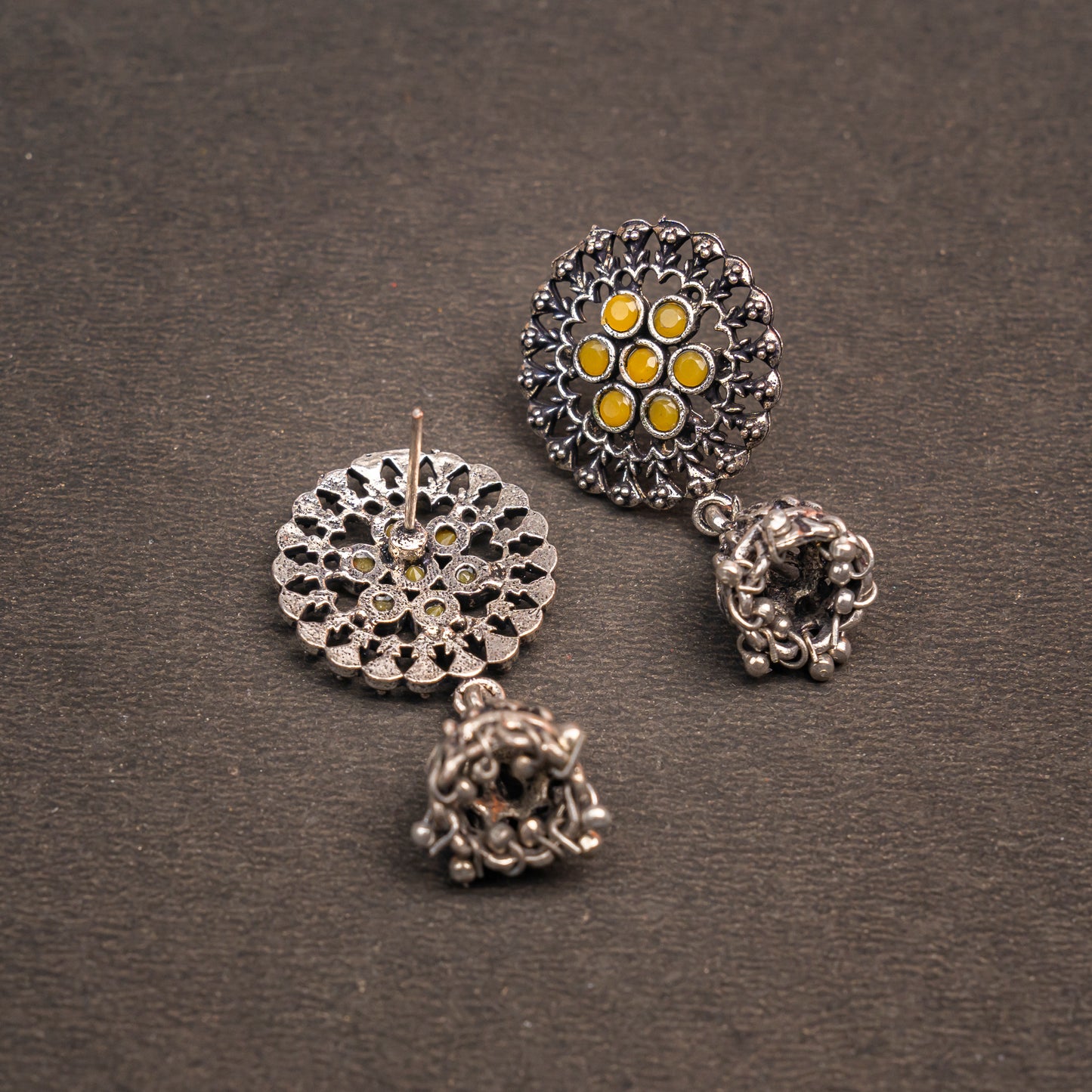 Yellow Stone Studded Oxidised Earrings With Hanging Jhumki