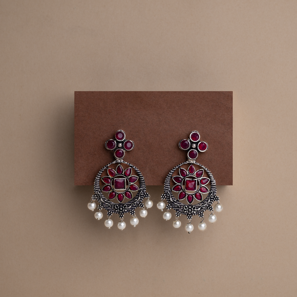 Red Stone Studded German Silver Stud Earrings With Hanging Pearls